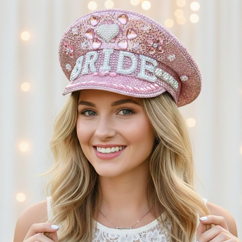Pink & White Pearl Bride Rhinestone Studded Captain Hat